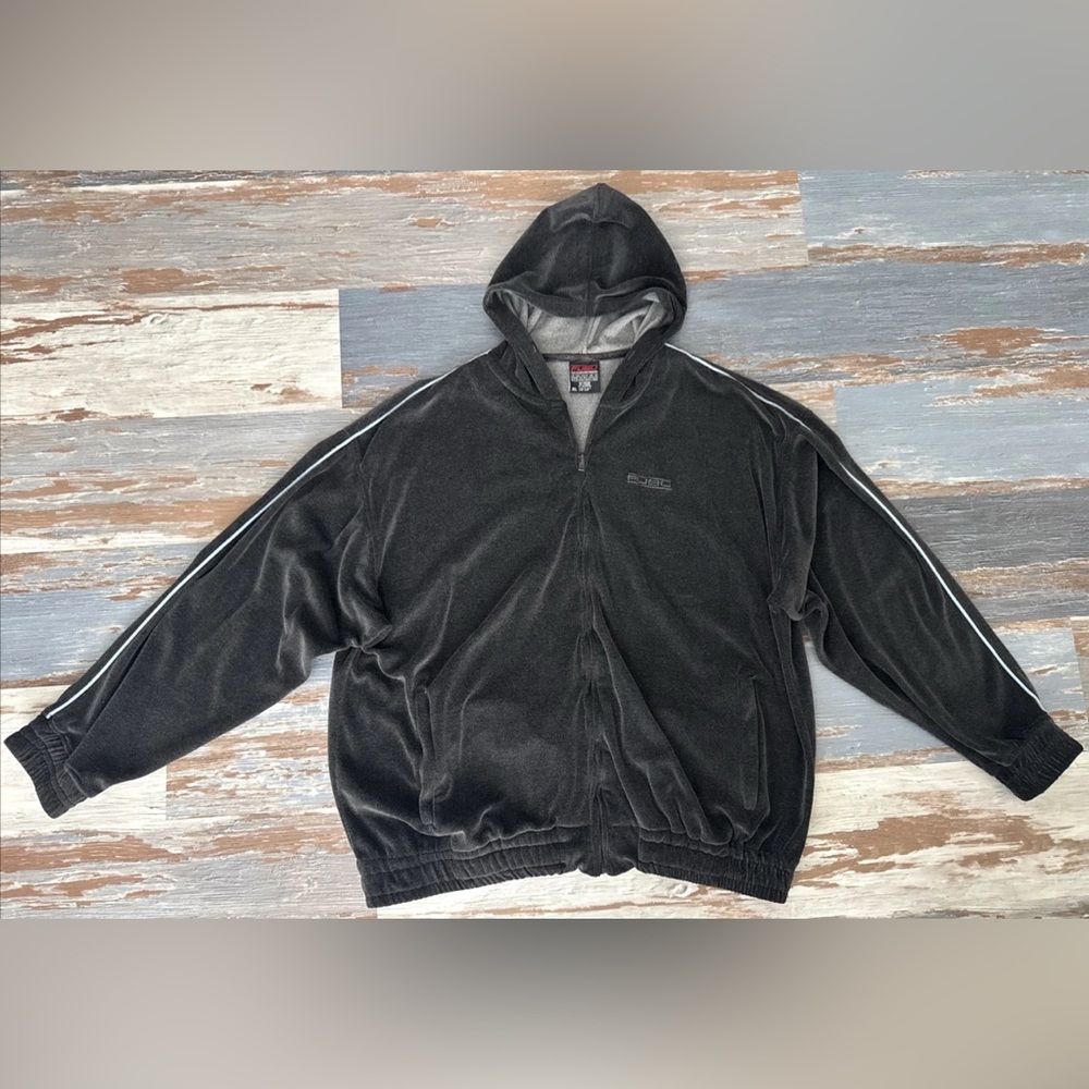 Vintage FUBU Velour Track Jacket Full Zip Pockets Mens XL Gray Hooded Gym Grunge